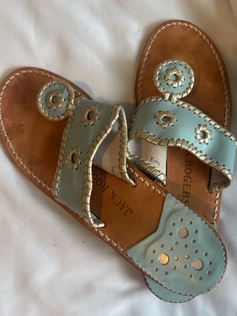 Jack Rogers Pale Blue Leather Miller Sandals with Metallic Trim